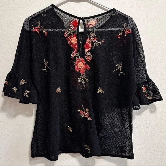 Anthropologie Maeve cadiz mesh top - Floral Embroidered Black Mesh Top - Picture 4 of 9